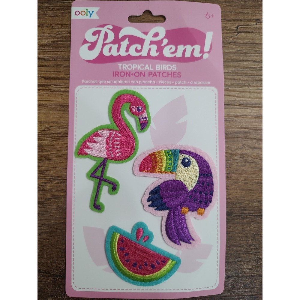 Ooly Embroidered Iron On Patches Set of 3 Tropical Birds Tucan Flamingo Melon
